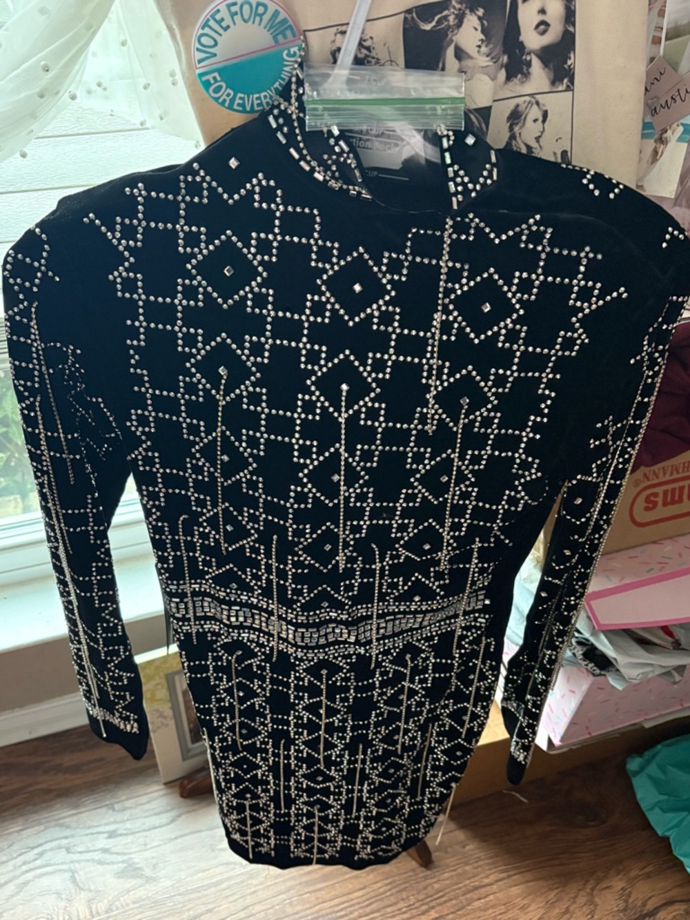 Black Velvet Gem Rhinestone Embellished Long Sleeve Turtleneck Bodycon Dress